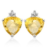 1.4 CARAT CITRINE 10K SOLID WHITE GOLD TRILLION SHAPE EARRING WITH 0.03 CTW DIAMOND