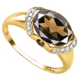 1.98 CT SMOKEY QUARTZ 0.1 CT SMOKEY AND ACCENT DIAMOND 0.09 CT 10KT SOLID YELLOW GOLD RING