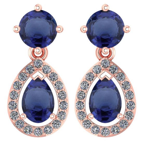 Certified 2.19 CTWBlue Sapphire And Diamond 14k Rose Gold Halo Dangling Earrings