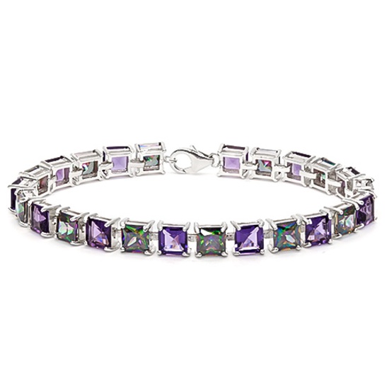 12.05 CT CREATED AMETHYST AND 12.05 CT CREATED MYSTICS 925 STERLING SILVER TENNIS BRACELET IN SQUARE