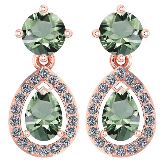 Certified 2.19 CTW Green Amethyst And Diamond 14k Rose Gold Halo Dangling Earrings