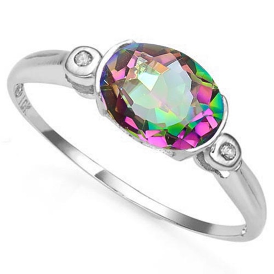 1.18 CTW MYSTIC GEMSTONE & GENUINE DIAMOND 10K SOLID WHITE GOLD RING