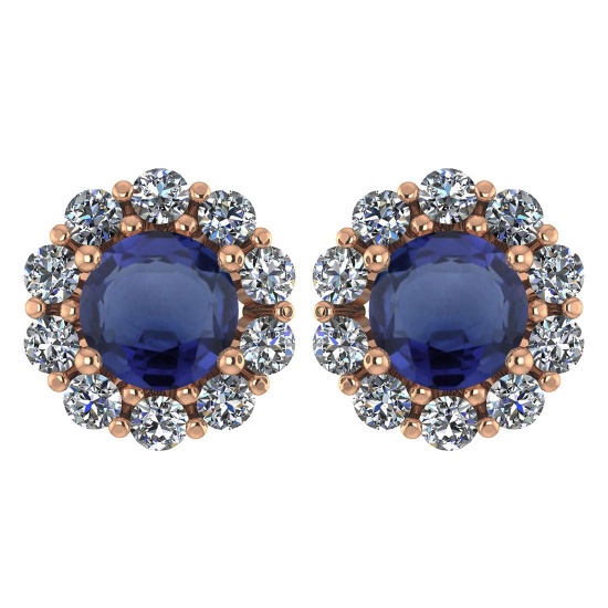 Certified 2.30 Ctw Blue Sapphire And Diamond 14k Rose Gold Halo Stud Earrings Made In USA