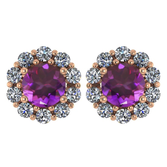 Certified 2.30 Ctw Amethyst And Diamond 14k Rose Gold Halo Stud Earrings Made In USA