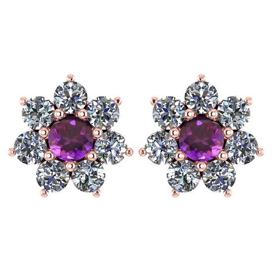 Certified 1.86 Ctw Amethyst And Diamond 14k Rose Gold Halo Stud Earrings