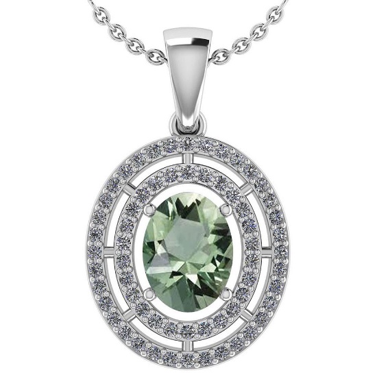 Certified 1.56 Ctw Green Amethyst And Diamond 18K White Gold Halo Pendant