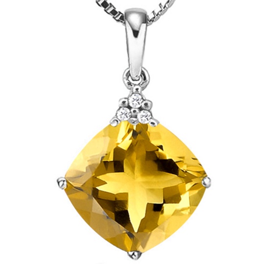 0.85 CTW CITRINE 10K SOLID WHITE GOLD CUSHION SHAPE PENDANT WITH ANCENT DIAMONDS