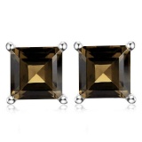 2.16 CTW SMOKEY 10K SOLID WHITE GOLD SQUARE SHAPE EARRING
