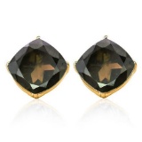 1.7 CTW SMOKEY 10K SOLID YELLOW GOLD CUSHION SHAPE EARRING