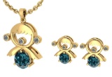 Certified 0.93 Ctw Treated Fancy Blue Diamond And White Diamond Tiny Angel Necklace + Earrings Jewel