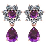 Certified 4.86 Ctw Amethyst And Diamond 18K Rose Gold Halo Dangling Earrings