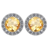 Certified 1.06 Ctw Citrine And Diamond 18K White Gold Halo Stud Earrings G-H VS/SI1