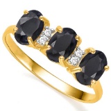 1.95 CTW GENUINE BLACK SAPPHIRE & GENUINE DIAMOND (4 PCS) 10KT SOLID YELLOW GOLD RING