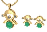 Certified 0.93 Ctw Emerald And Diamond Tiny Angel Necklace + Earrings Jewelry Set 14K Yellow Gold (V