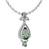 Certified 3.62 Ctw Green Amethyst And Diamond VS/SI1 Necklace 14K White Gold Made In USA