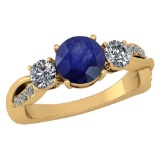 Certified 1.86 Ctw Blue Sapphire And DiamondVS/SI2 3 Stone Ring 14k Yellow Gold Made In USA
