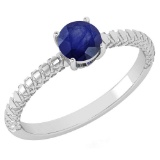 Certified 0.45 Ctw Blue Sapphire Solitaire Ring with Filigree Style 14K White Gold Made In USA