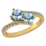 Certified 1.14 Ctw Blue Topaz And White Diamond VS/SI1 2 Stone Ring 14K Yellow Gold Made In USA