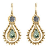 Certified 5.18 Ctw Green Amethyst And Diamond SI2/I1 Dangling Earrings 14K Yellow Gold Made In USA