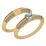 Certified 0.55 Ctw Blue Topaz And White Diamond VS/SI1 2 Pcs Ring 14k Yellow Gold Made In USA