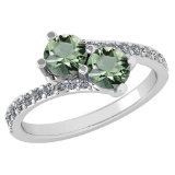 Certified 1.14 Ctw Green Amethyst And Diamond VS/SI1 2 Stone Ring 14k White Gold Made In USA