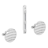 Certified 0.06 Ctw Diamond TiePin+ Gold Cufflinks Set 18K White Gold