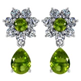 Certified 4.86 Ctw Peridot And Diamond 18K White Gold Halo Dangling Earrings