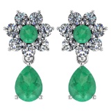 Certified 4.86 Ctw Emerald And Diamond 18K White Gold Halo Dangling Earrings