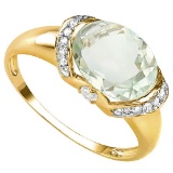 2.1 CT GREEN AMETHYST 0.07 CT WHITE TOPAZ AND ACCENT DIAMOND 0.09 CT 10KT SOLID YELLOW GOLD RING