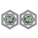 Certified 1.38 Ctw Green Amethyst And Diamond 18k White Gold Halo Stud Earrings G-H VS/SI1