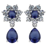 Certified 4.86 Ctw Blue Sapphire And Diamond 18K White Gold Halo Dangling Earrings