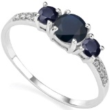 0.98 CT BLACK SAPPHIRE AND ACCENT DIAMOND 0.04 CT 10KT SOLID WHITE GOLD RING