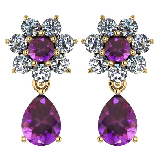 Certified 4.86 Ctw Amethyst And Diamond 14k Yellow Gold Halo Dangling Earrings