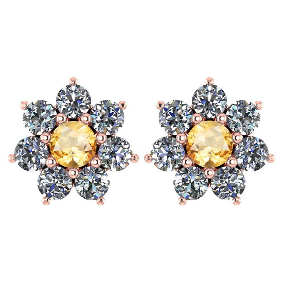Certified 1.86 Ctw Citrine And Diamond 14k Rose Gold Halo Stud Earrings