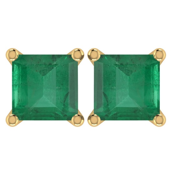 Certified 6.00Ctw Genuine Emerald 14K Yellow Gold Stud Earrings Made In USA