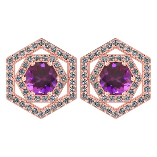 Certified 1.38 Ctw Amethyst And Diamond 14k Rose Gold Halo Stud Earrings