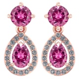 Certified 2.19 CTW Pink Tourmaline And Diamond 14k Rose Gold Halo Dangling Earrings