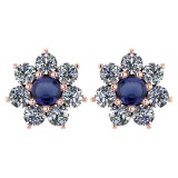 Certified 1.86 Ctw Blue Sapphire And Diamond 14k Rose Gold Halo Stud Earrings