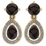 Certified 2.19 CTW Smoky Quarzt And Diamond 14k Yellow Gold Dangling Earrings