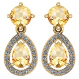 Certified 2.19 CTW Citrine And Diamond 14k Yellow Gold Halo Dangling Earrings