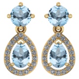 Certified 2.19 CTW Aquamarine And Diamond 14k Yellow Gold Halo Dangling Earrings