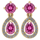 Certified 2.19 CTW Pink Tourmaline And Diamond 14k Yellow Gold Halo Dangling Earrings