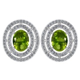 Certified 3.12 CTW Peridot And Diamond 14k White Gold Halo Stud Earrings