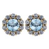 Certified 2.30 Ctw Aquamarine And Diamond 14k Yellow Gold Halo Stud Earrings Made In USA