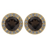 Certified 1.6 Ctw Smoky Quarzt And Diamond 14k Yellow Gold Stud Earrings