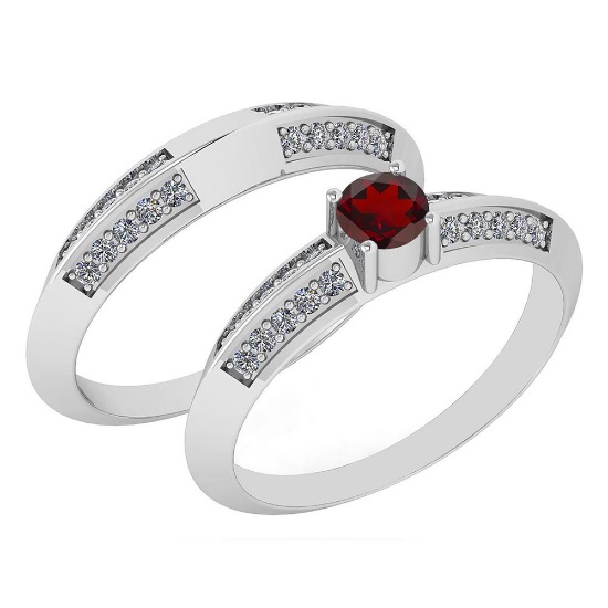 Certified 0.55 Ctw Garnet And Diamond VS/SI1 2 Pcs Ring 14k White Gold Made In USA