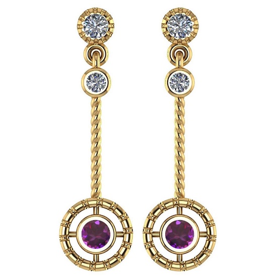 Certified 0.31 Ctw Amethyst And Diamond Wedding/Engagement Style 14K Yellow Gold Drop Earrings