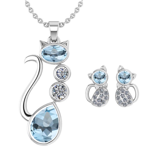 Certified 2.37 Ctw Aquamarine And Diamond Cat Necklace + Earrings Jewelry Set For Styles Female 14K