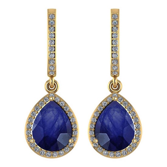 Certified 4.35 Ctw Blue Sapphire And Diamond Wedding/Engagement Style 14K Yellow Gold Drop Earrings