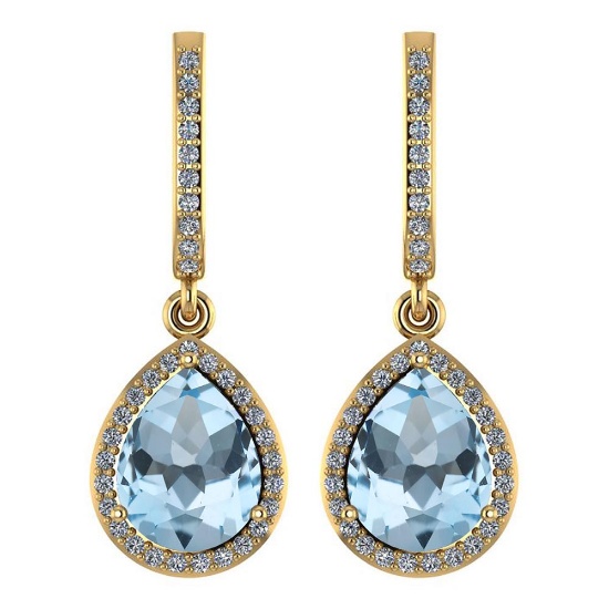 Certified 4.35 Ctw Blue Topaz And Diamond Wedding/Engagement Style 14K Yellow Gold Drop Earrings